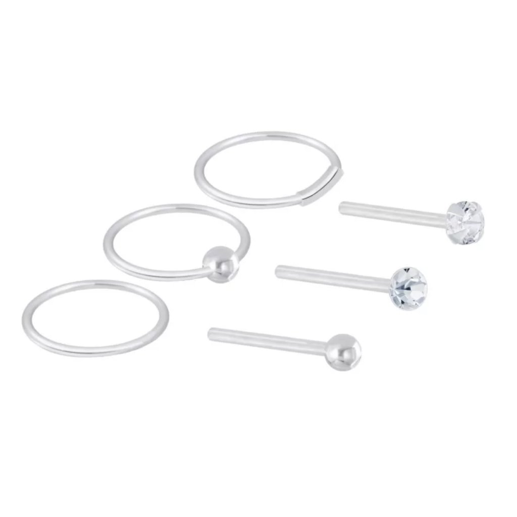 Sterling Silver Nose Rings Set 6 Piece Studs & Hoops Brand New